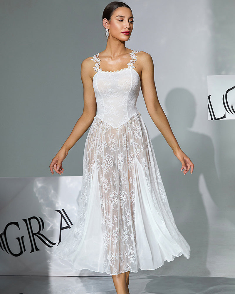 White floral lace midi sheer overlay dress with fitted corset bodice and lace straps