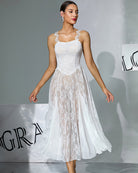 White floral lace midi sheer overlay dress with fitted corset bodice and lace straps