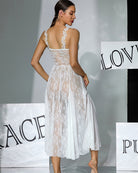 White floral lace midi sheer overlay dress with open back and lace appliques