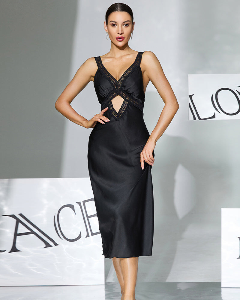 Black satin midi slip dress with lace V neckline and cutout strap front