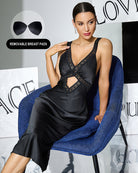 Black satin midi slip dress with lace V neckline and removable breast pads