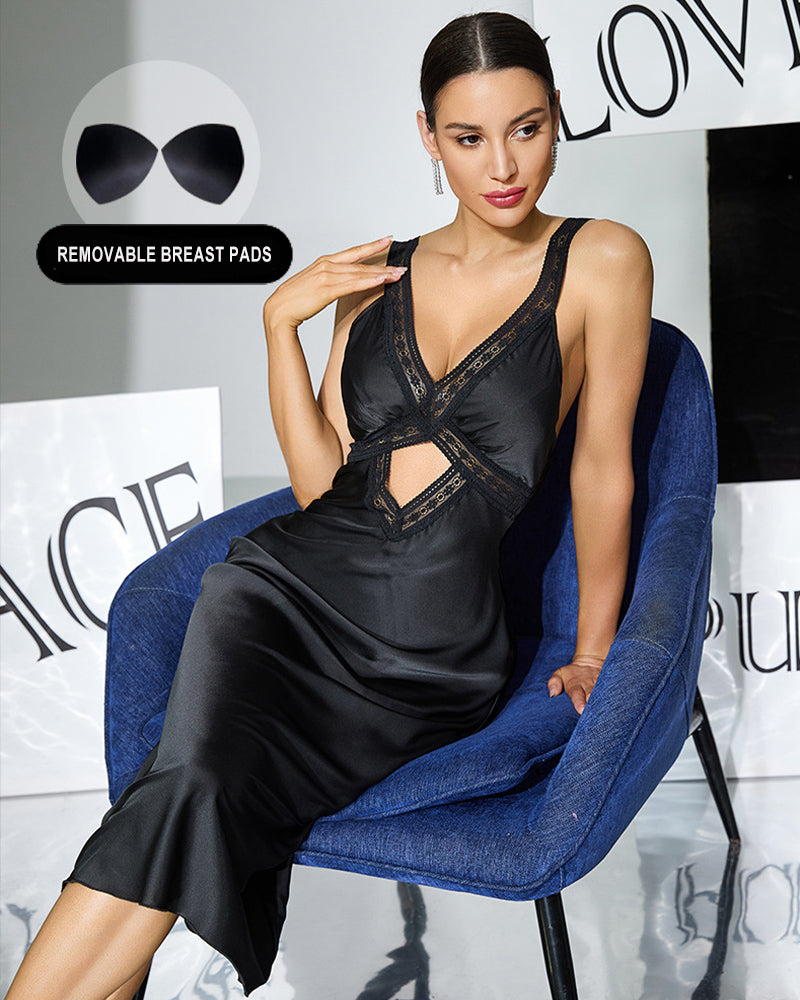 Black satin midi slip dress with lace V neckline and removable breast pads