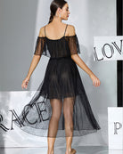 Black off-shoulder chiffon babydoll dress with dotted sheer layered skirt, back view