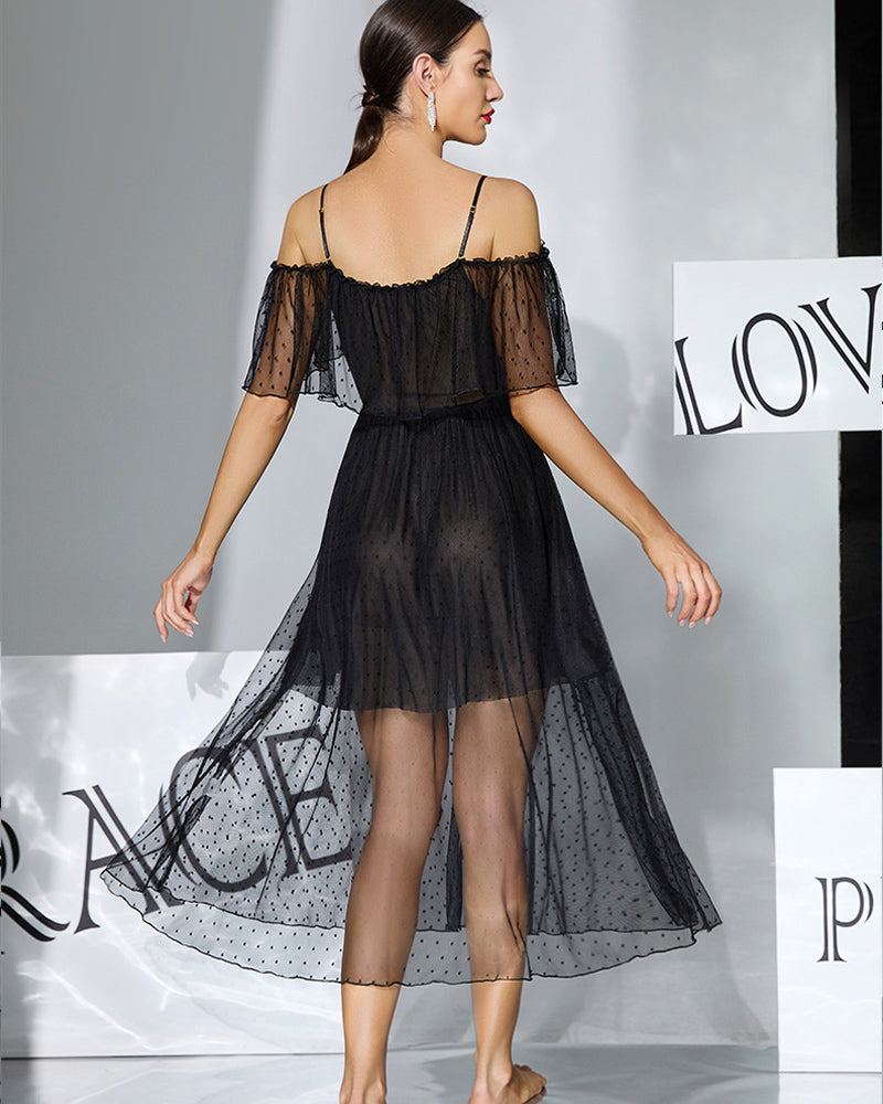 Black off-shoulder chiffon babydoll dress with dotted sheer layered skirt, back view