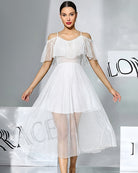 White off-shoulder chiffon babydoll dress with dotted sheer skirt and ruffle sleeves