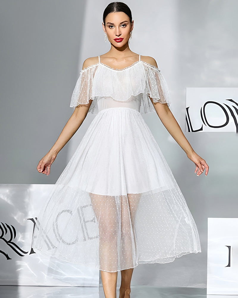 White off-shoulder chiffon babydoll dress with dotted sheer skirt and ruffle sleeves