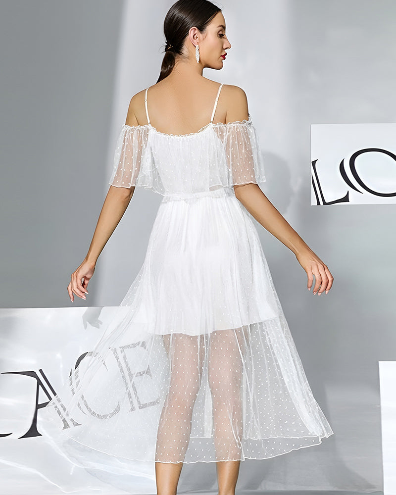 White off-shoulder chiffon babydoll dress with dotted sheer layered skirt, back view