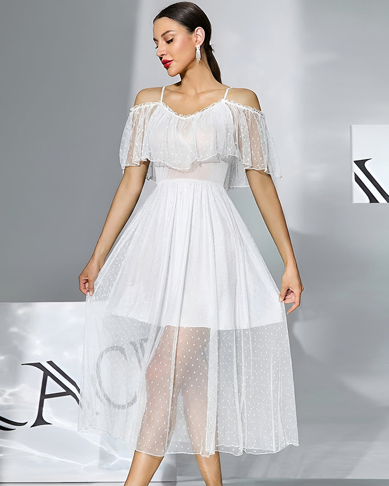 White off-shoulder chiffon babydoll dress with dotted sheer overlay and off-shoulder ruffles