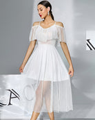 White off-shoulder chiffon babydoll dress with dotted sheer overlay and off-shoulder ruffles