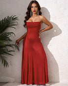 Red sheer mesh high-slit maxi dress with thin straps and fitted bodice