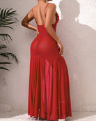 Red sheer mesh maxi dress with open back and tiered skirt silhouette