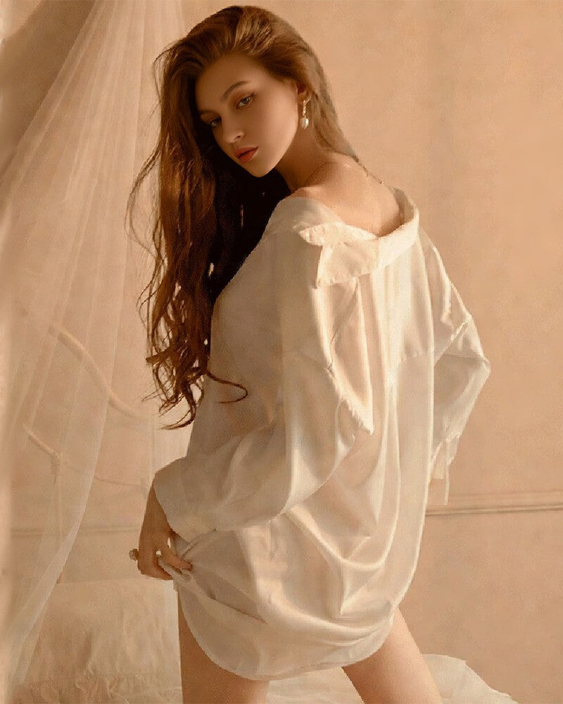 White off-shoulder oversized sleep shirt, loose long sleeves, button front