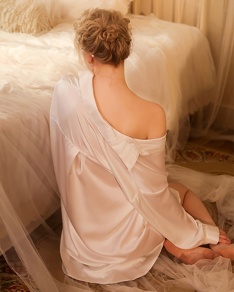 White off-shoulder sleep shirt with draped back and loose long sleeves