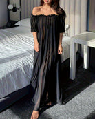 Black off-shoulder chiffon maxi nightdress with gathered top and pleated skirt