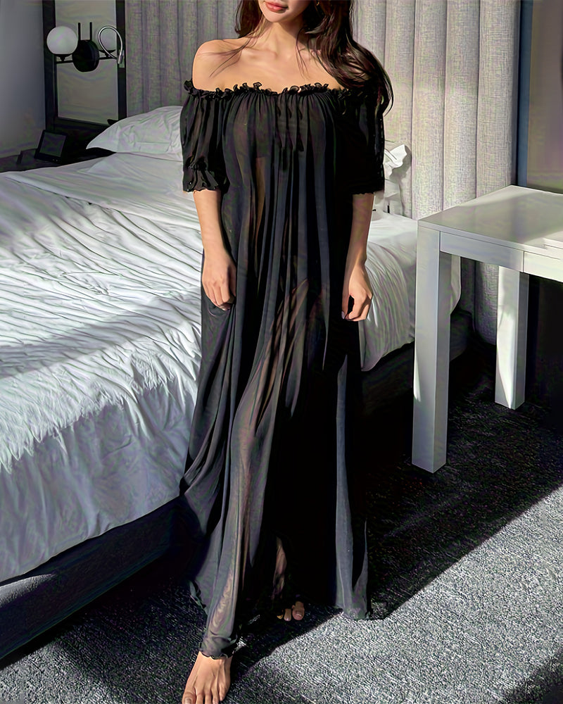 Black off-shoulder chiffon maxi nightdress with gathered top and pleated skirt