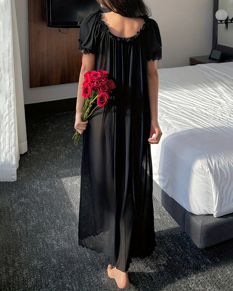 Black off-shoulder chiffon maxi nightdress with gathered back and sheer skirt