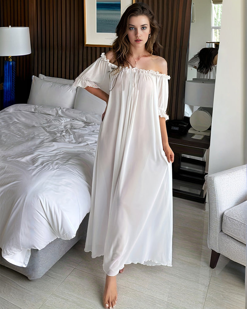 White off-shoulder chiffon maxi nightdress with ruffled neckline and short sleeves