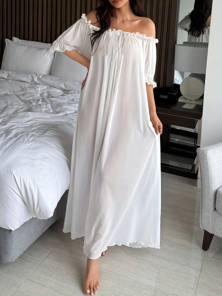 White off-shoulder chiffon maxi nightdress with frilled trim and relaxed draped skirt