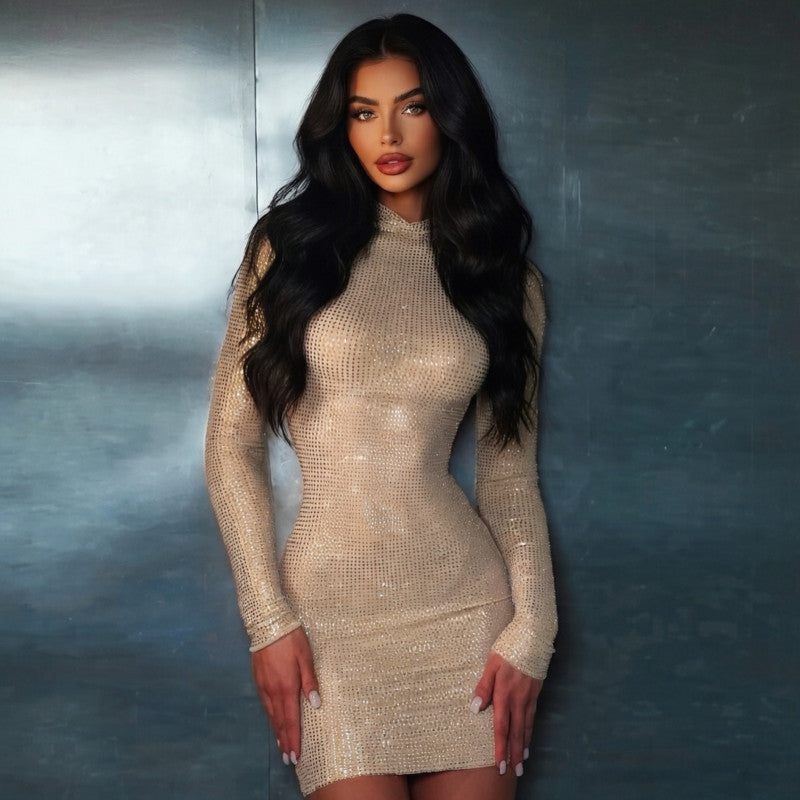 Beige rhinestone long-sleeve mini dress, fitted silhouette