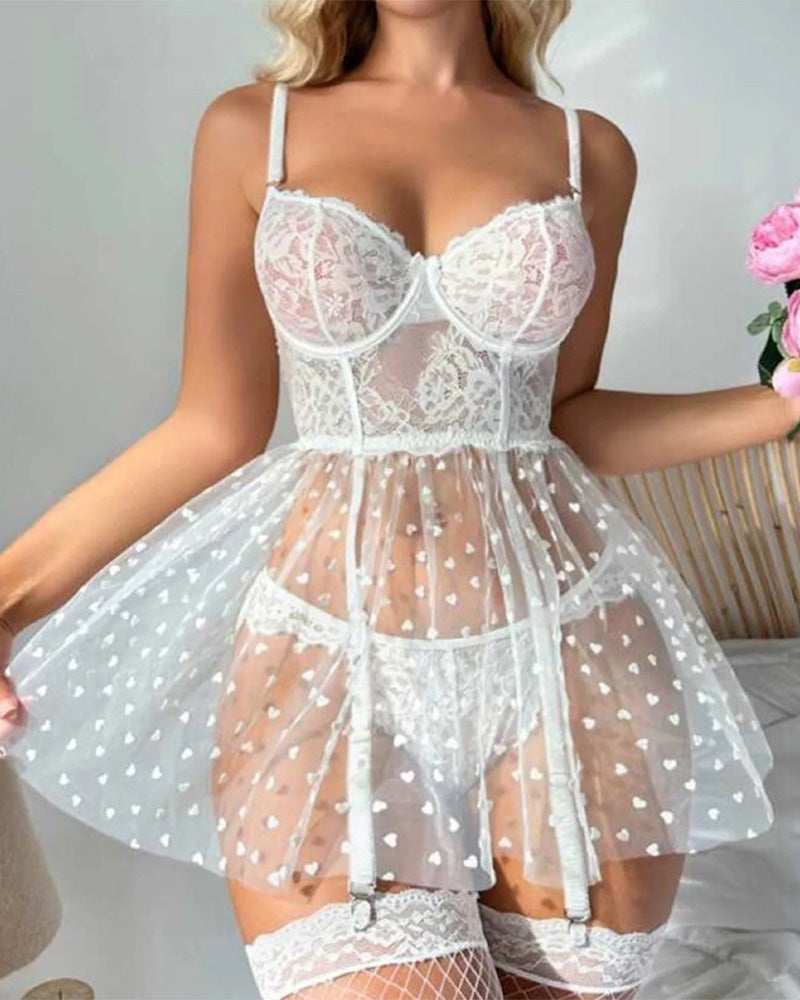 White sheer lace lingerie dress set with floral cups and heart-speckled tulle skirt