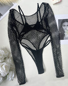 Black fishnet sheer long-sleeve bodysuit set, front cutout and open back