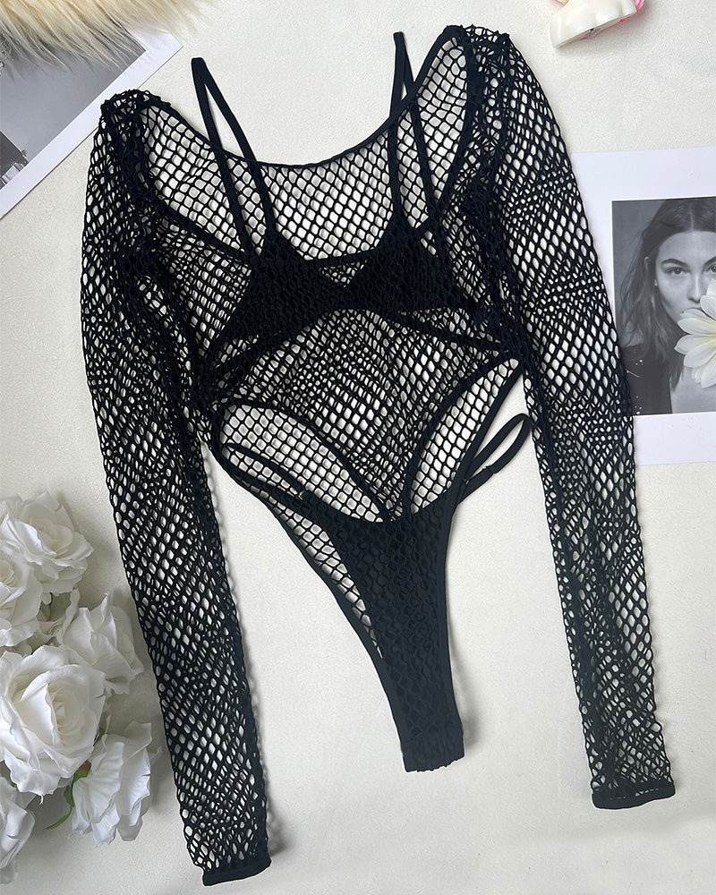 Black fishnet sheer long-sleeve bodysuit set, front cutout and open back