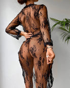 Black sheer floral lace long robe with scalloped hem, lingerie set