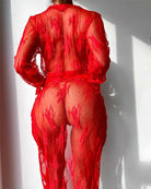 Red sheer floral lace long robe with long sleeves, scalloped hem, lingerie set