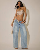 Metallic silver ruched halter crop bralette top with thin spaghetti straps