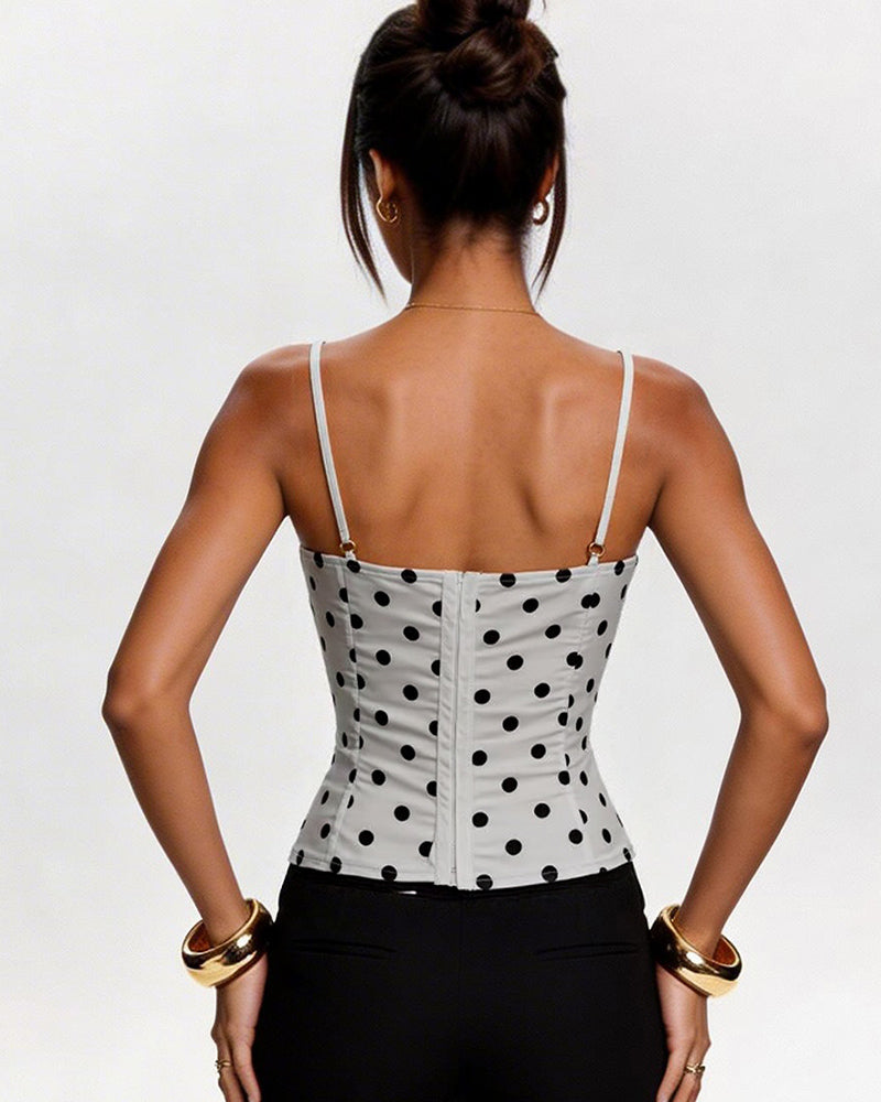 White polka dot corset crop top back with seams and thin spaghetti straps