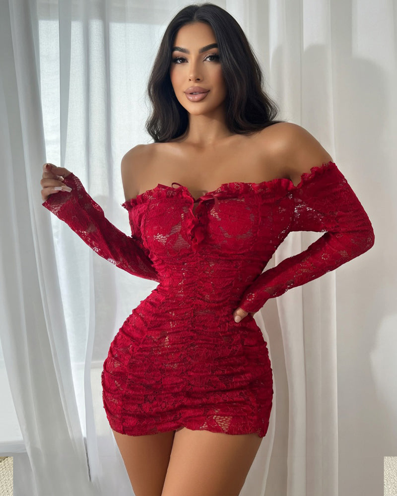 Red off-shoulder lace mini dress with long sleeves, ruched bodycon fit