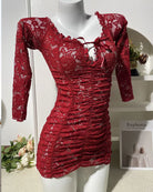Red lace off-shoulder mini dress with long sleeves and gathered ruching