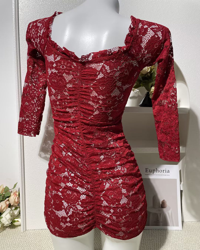 Red off-shoulder lace mini dress with long sleeves and ruched waist detail
