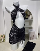 Black lace halter bodycon mini dress with cutout and matching gloves