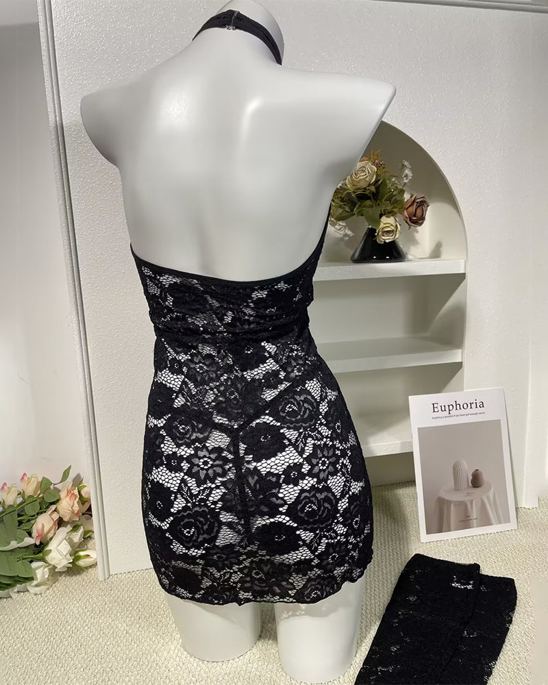 Black lace halter bodycon mini dress with cutout detail, on mannequin