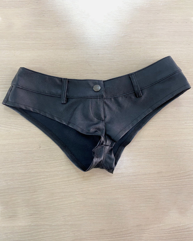 Dark blue faux leather low-rise booty shorts with center button and angled seams