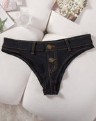 Women’s denim thong panties, black, low rise with button front