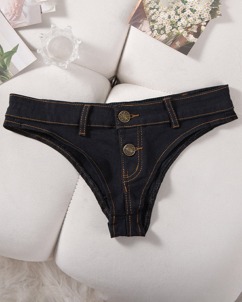 Women’s denim thong panties, black, low rise with button front