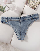 Light blue denim thong low-rise panties with belt loops and button fly detail.
