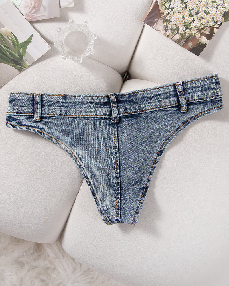 Light blue denim thong low-rise panties with belt loops and button fly detail.
