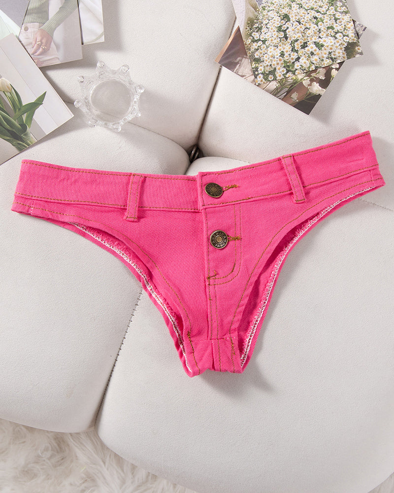 Women’s denim thong panties, pink, low rise with button front