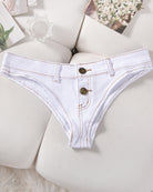 White denim thong low-rise panties with belt loops and buttoned front panel.