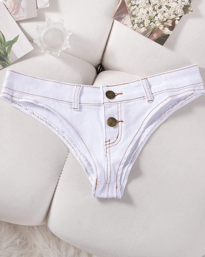 White denim thong low-rise panties with belt loops and buttoned front panel.