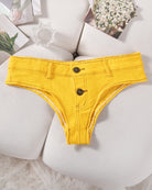 Women’s denim thong panties, yellow, low rise with button front