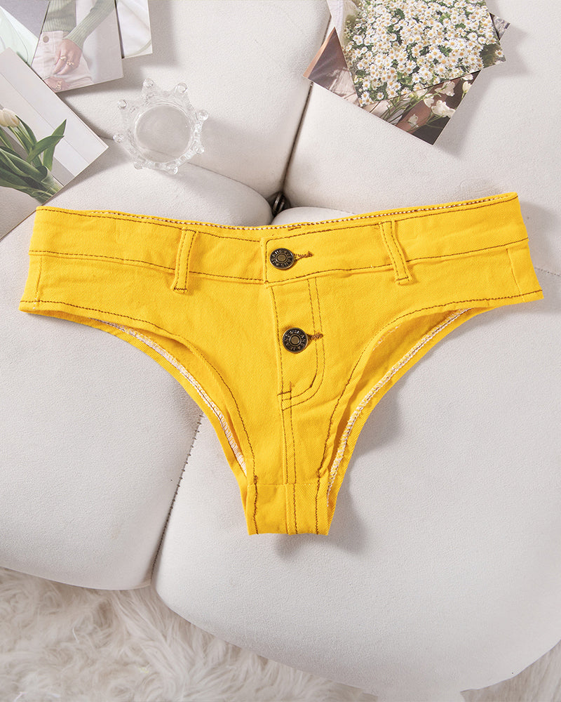 Women’s denim thong panties, yellow, low rise with button front