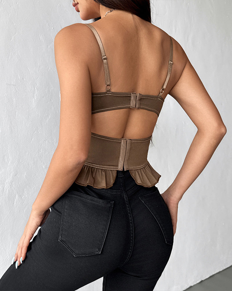 Light brown corset top back with lace-up panel and adjustable straps