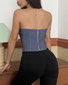 Blue denim strapless corset top with center-back seam and contrast stitching