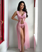 Pink sheer mesh maxi skirt set with floral lace bodice and matching thong