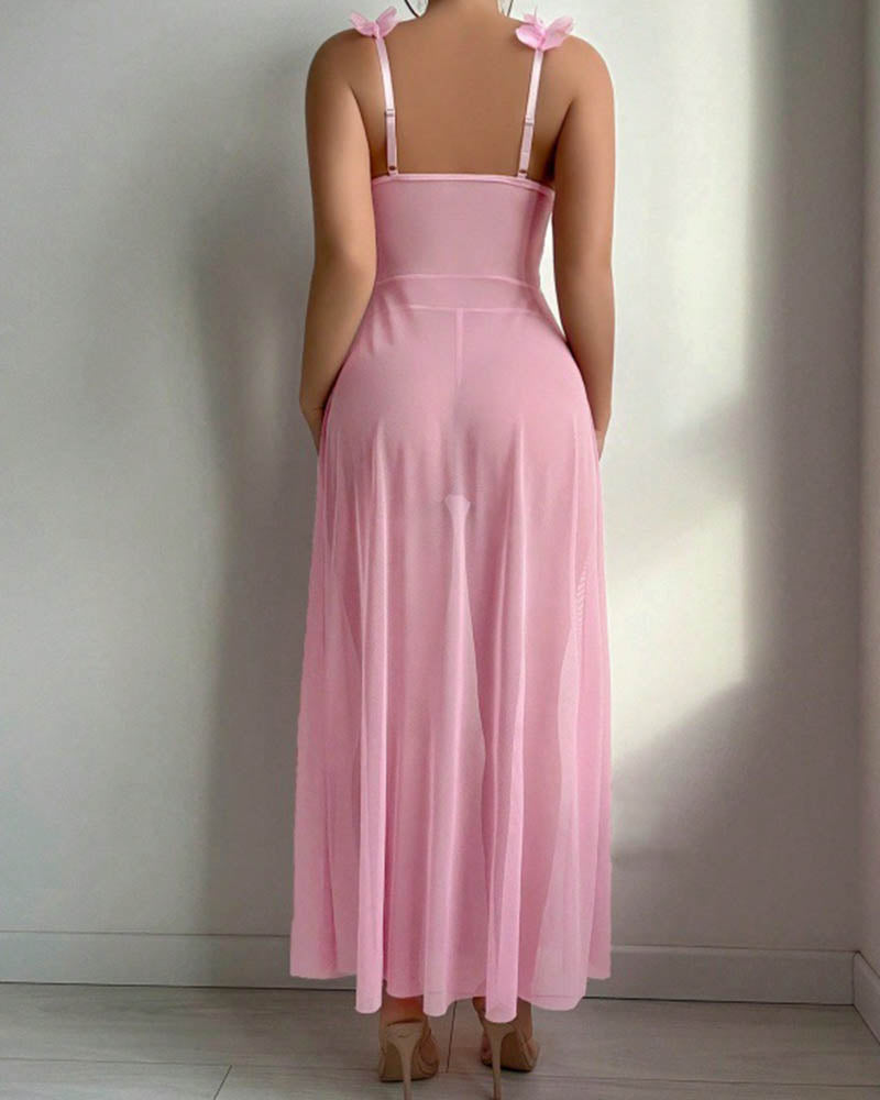 Pink sheer mesh maxi skirt set with floral lace shoulder straps