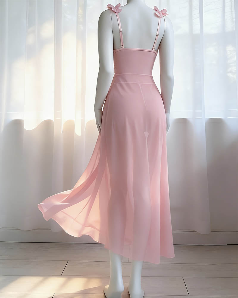 Pink sheer mesh maxi skirt set with floral lace shoulder straps and thong